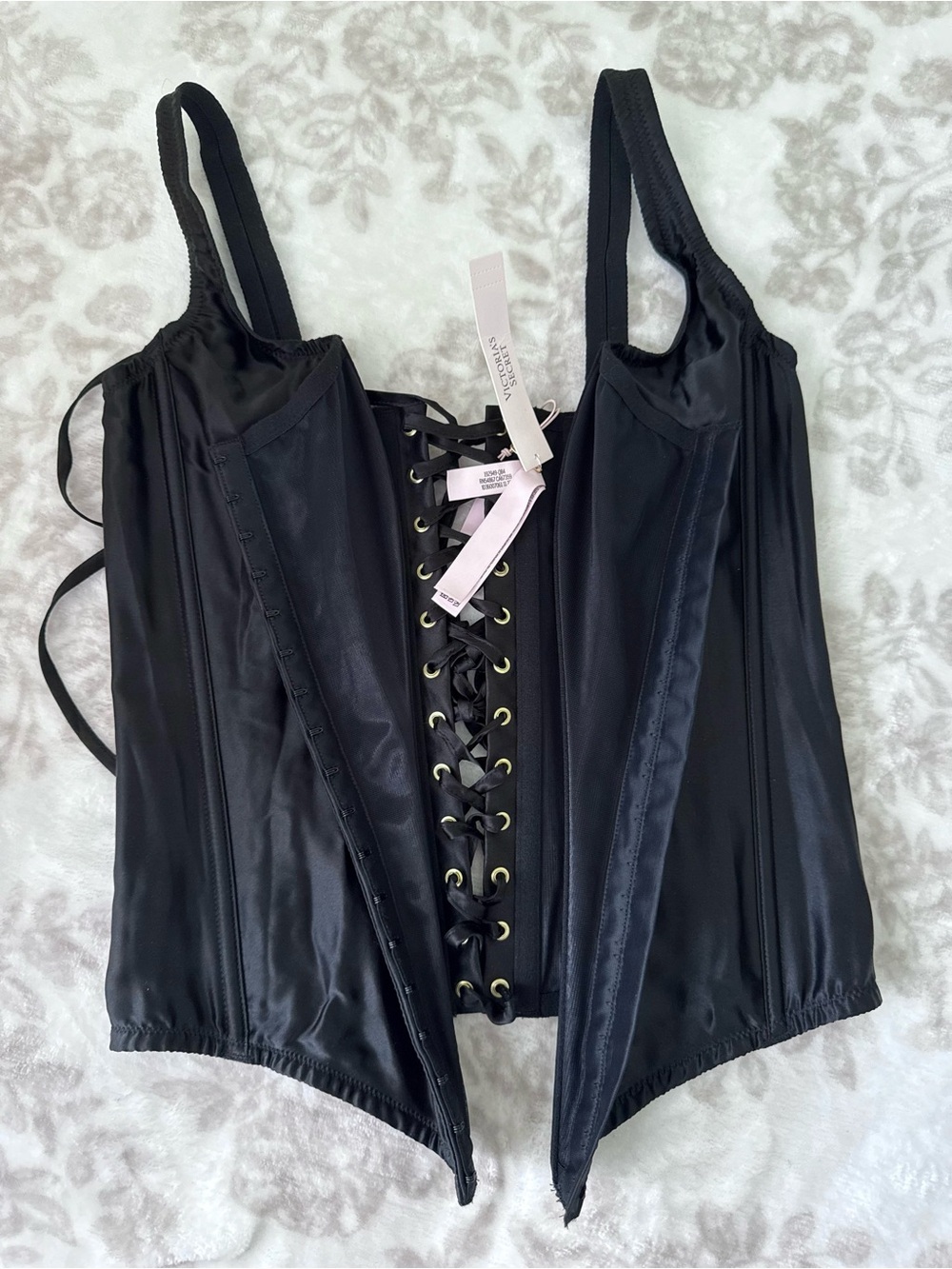NEW Victoria’s Secret Black 100% Silk Corset Top Lace-Up Back Front Hook Closure